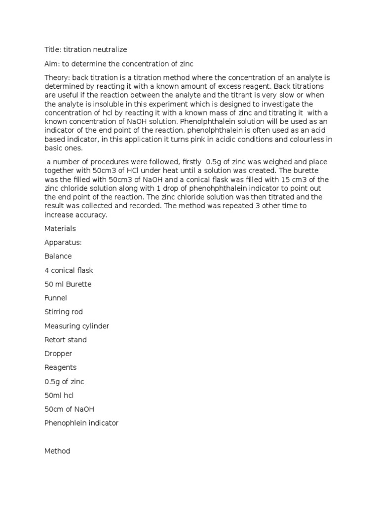 Back Titration Zinc PDF