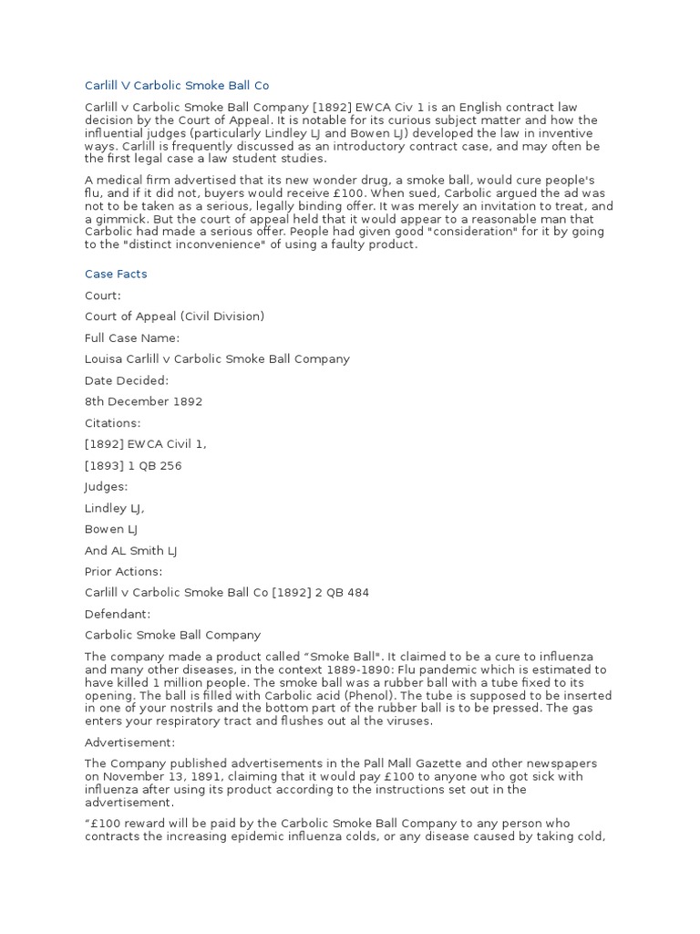 Carlill v Carbolic Smoke Ball Co | Legal Concepts ...
