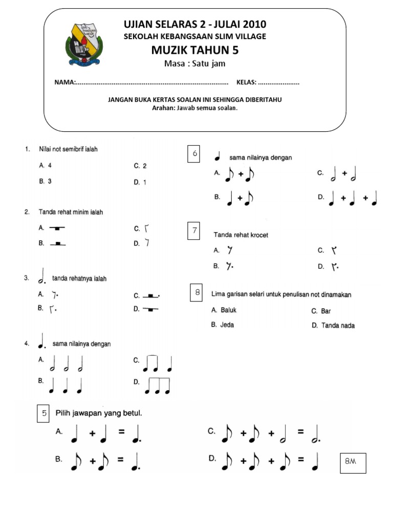 Soalan Ujian Muzik Tahun 5