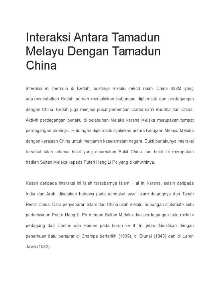 Interaksi Antara Tamadun Melayu Dengan Tamadun China Pdf