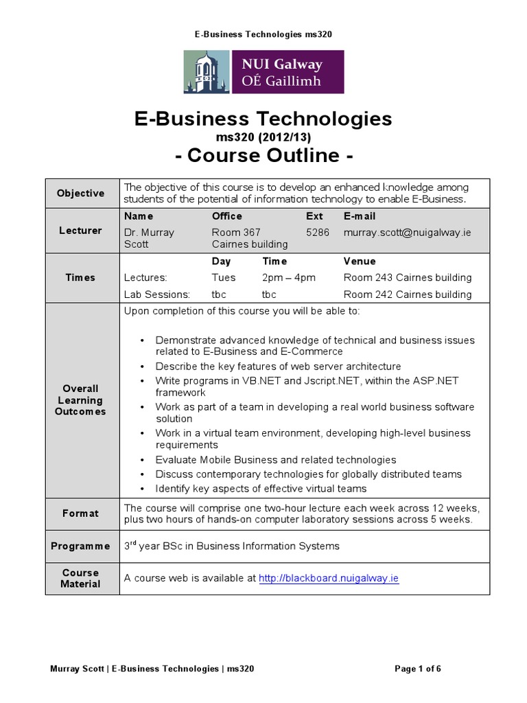 E-Business Technologies - Course Outline - : Objective Name Office Ext ...