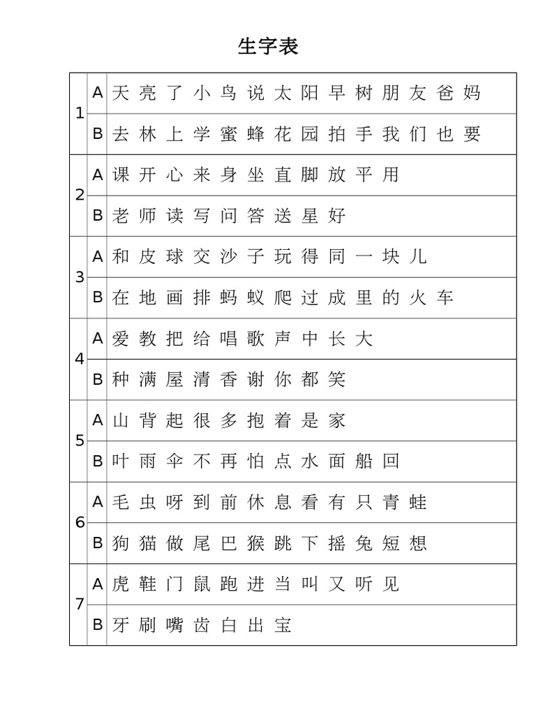一年级kssr生字表 Pdf