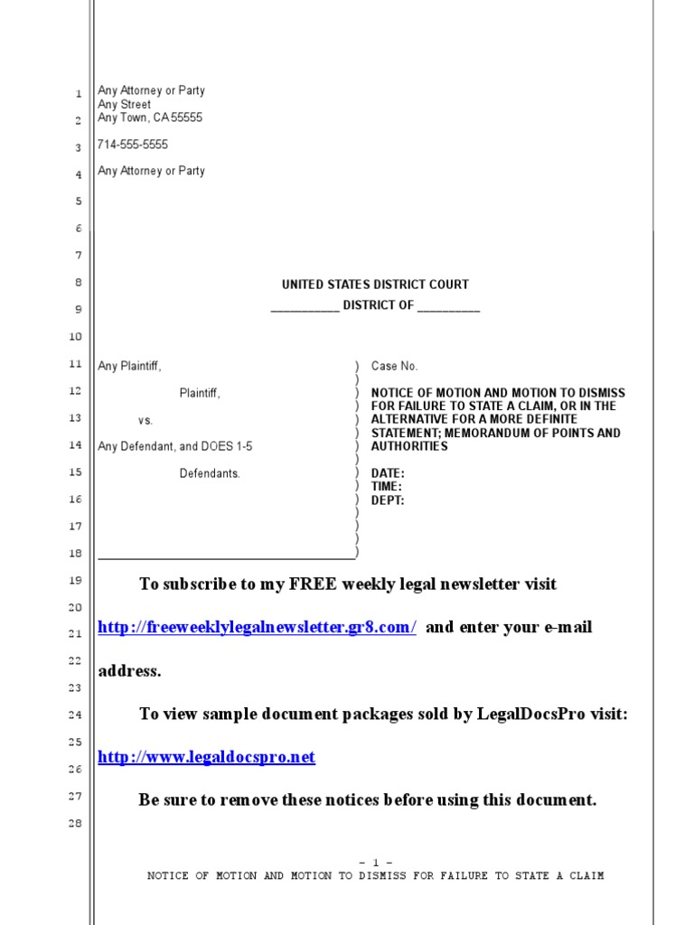 Sample Motion To Dismiss in United States District Court Under 