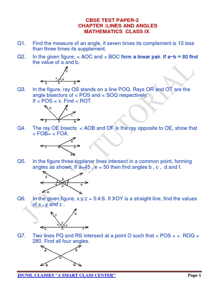 Class 9 Lines and Angles Test Paper | PDF | Triangle | Angle