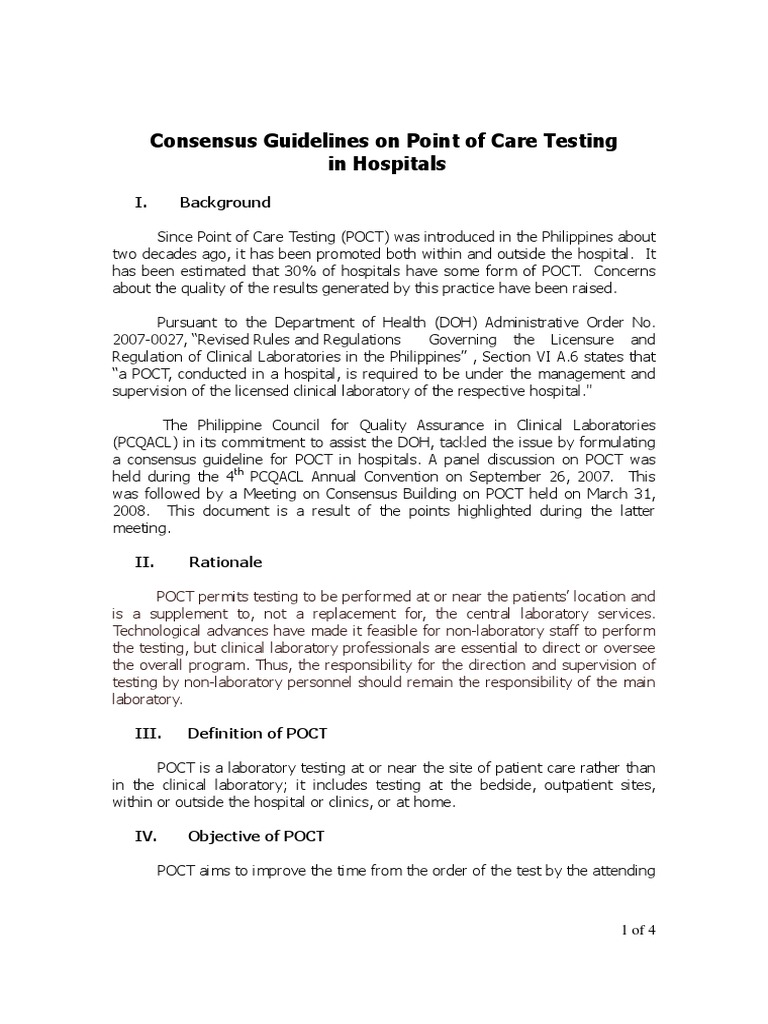 Consensus Guidelines On Point of Care Testing in Hospital PDF | PDF ...