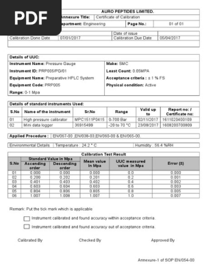 Annexure of Calibration Certificate