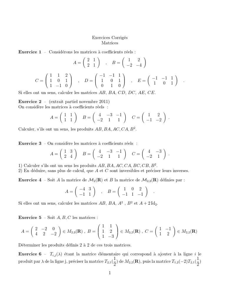 Exercices Corrigés sur les Matrices | PDF | Matrice (Mathématiques ...