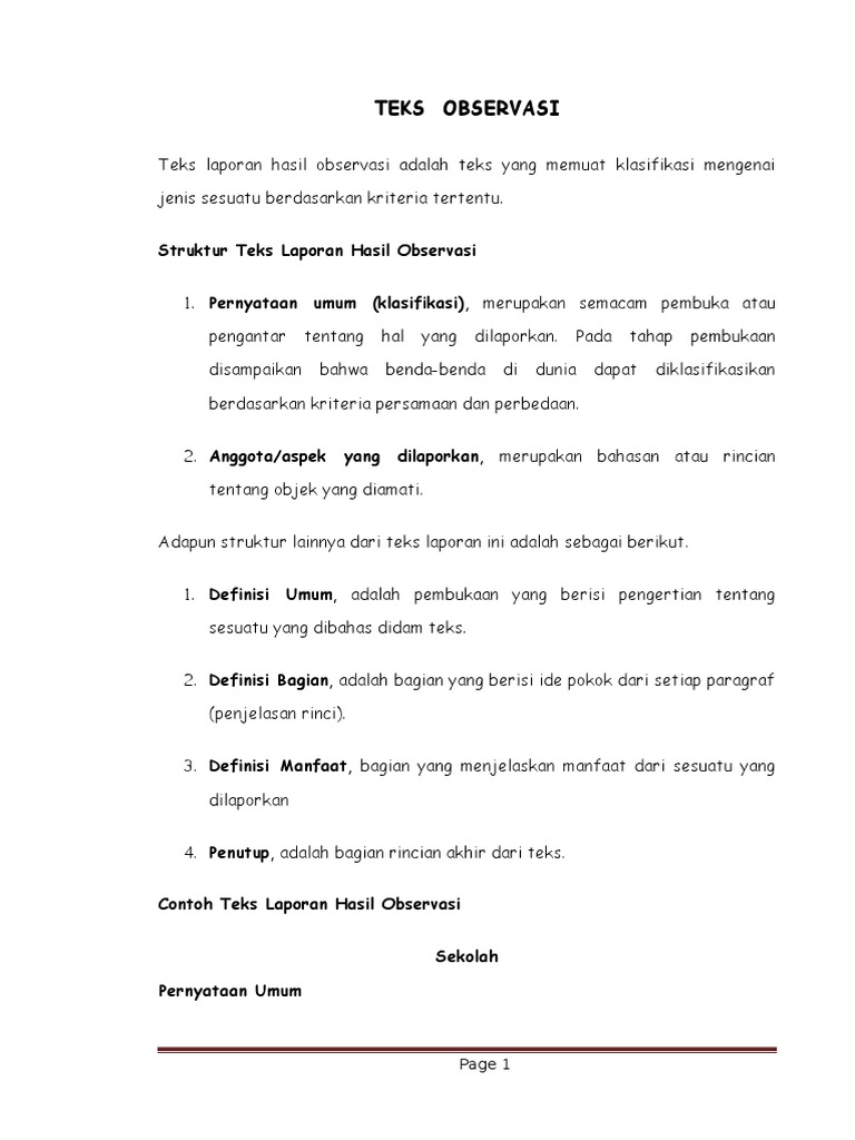 Struktur Teks Laporan Hasil Observasi Dan Penjelasannya