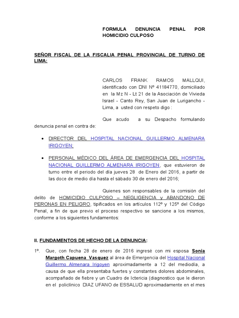 Modelo Denuncia NEGLIGENCIA MEDICA | PDF | Septicemia | Hospital