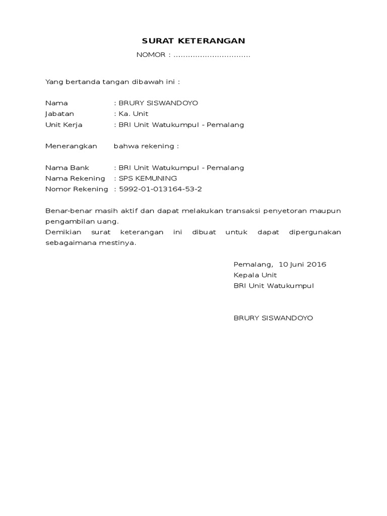 Contoh Surat Keterangan Bri