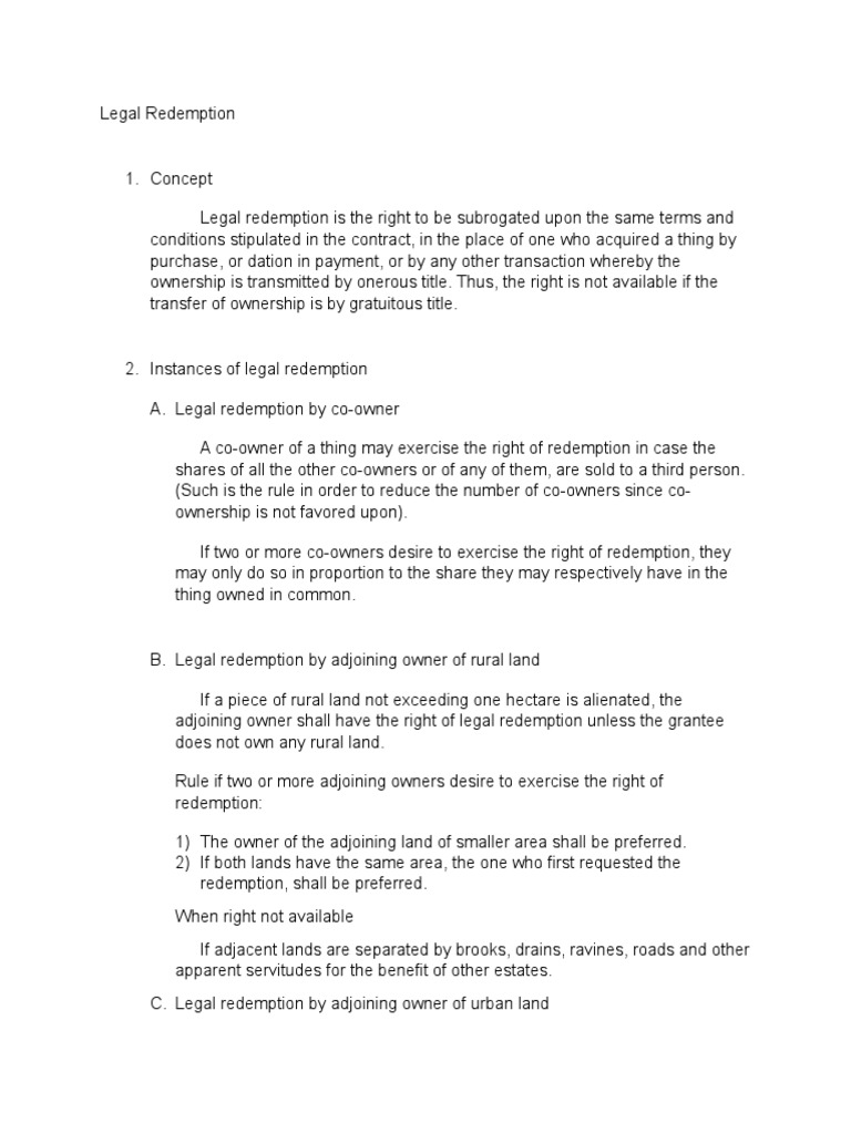 Legal Redemption PDF Ownership Civil Law (Legal System)