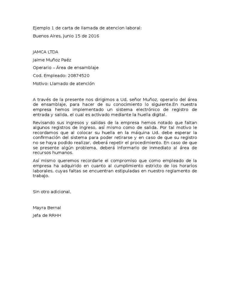 Carta de Llamada de Atencion Laboral
