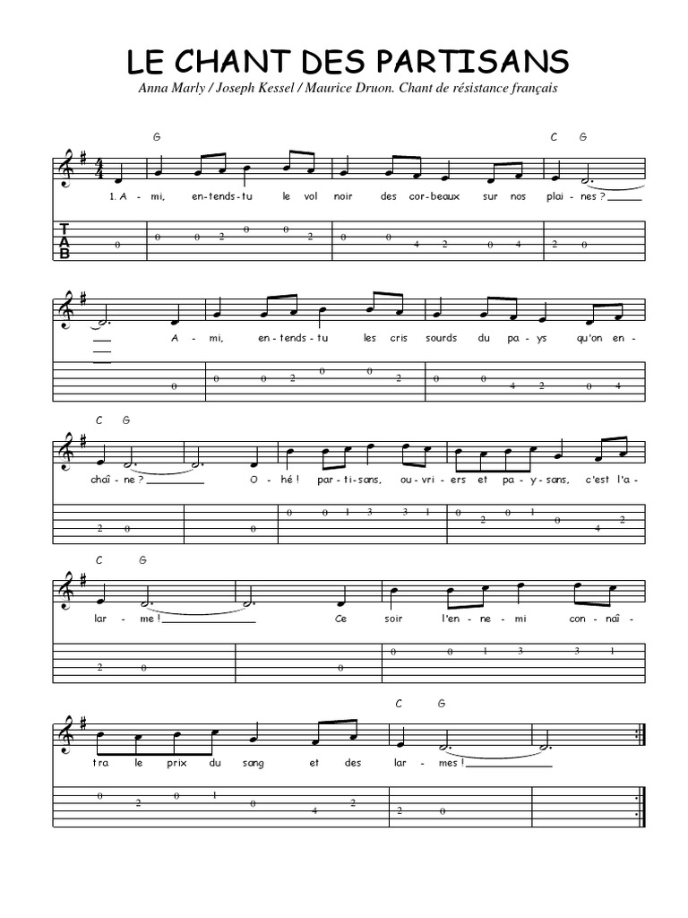 Anna Marly Joseph Kessel Maurice Druon Le Chant Des Partisans Tablature De Guitare Chansons Patriotiques Insurrections Pendant La Seconde Guerre Mondiale