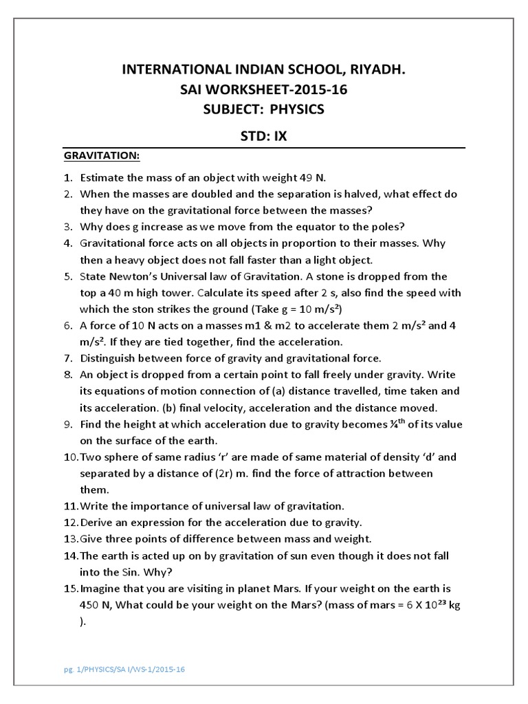 Class 9 Gravitation Worksheet | PDF | Gravity | Weight