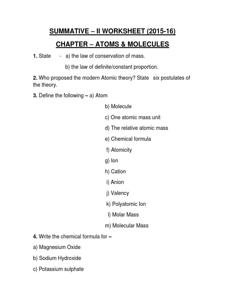 Chemistry Worksheet (Atoms and Molecules) | Ion | Molecules