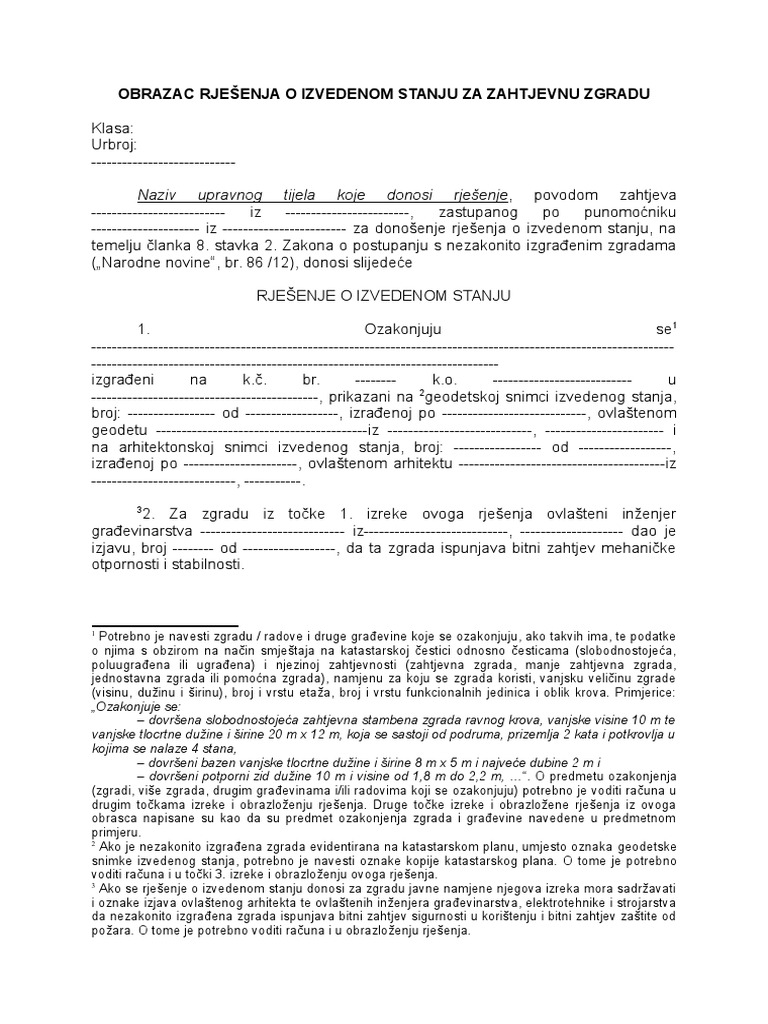 OBRAZAC Rjesenje o Izvedenom Stanju Zahtjevna Zgrada | PDF