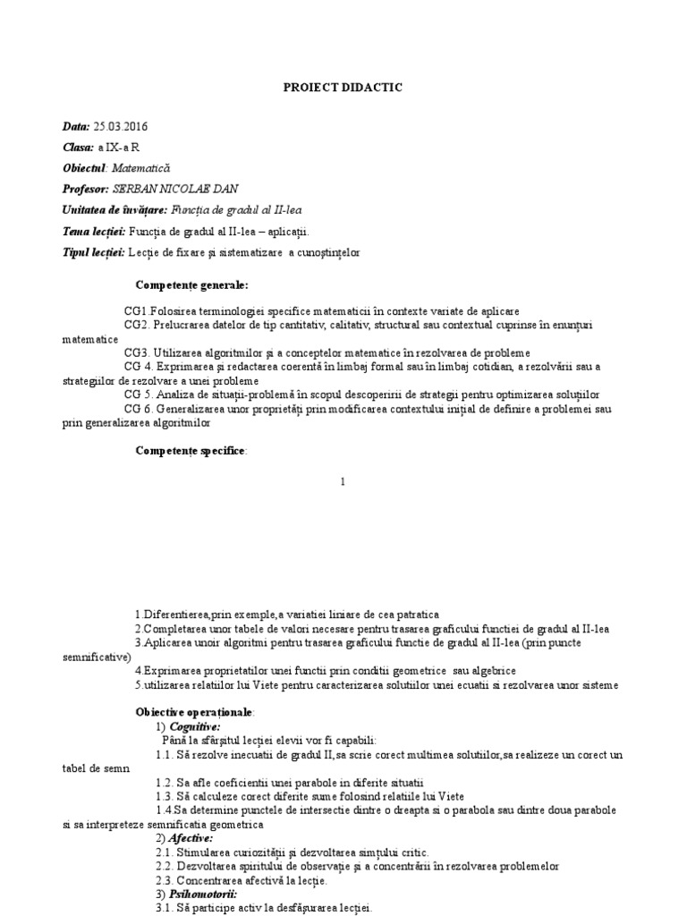 Plan de Lectie Functia de Gradul II | PDF