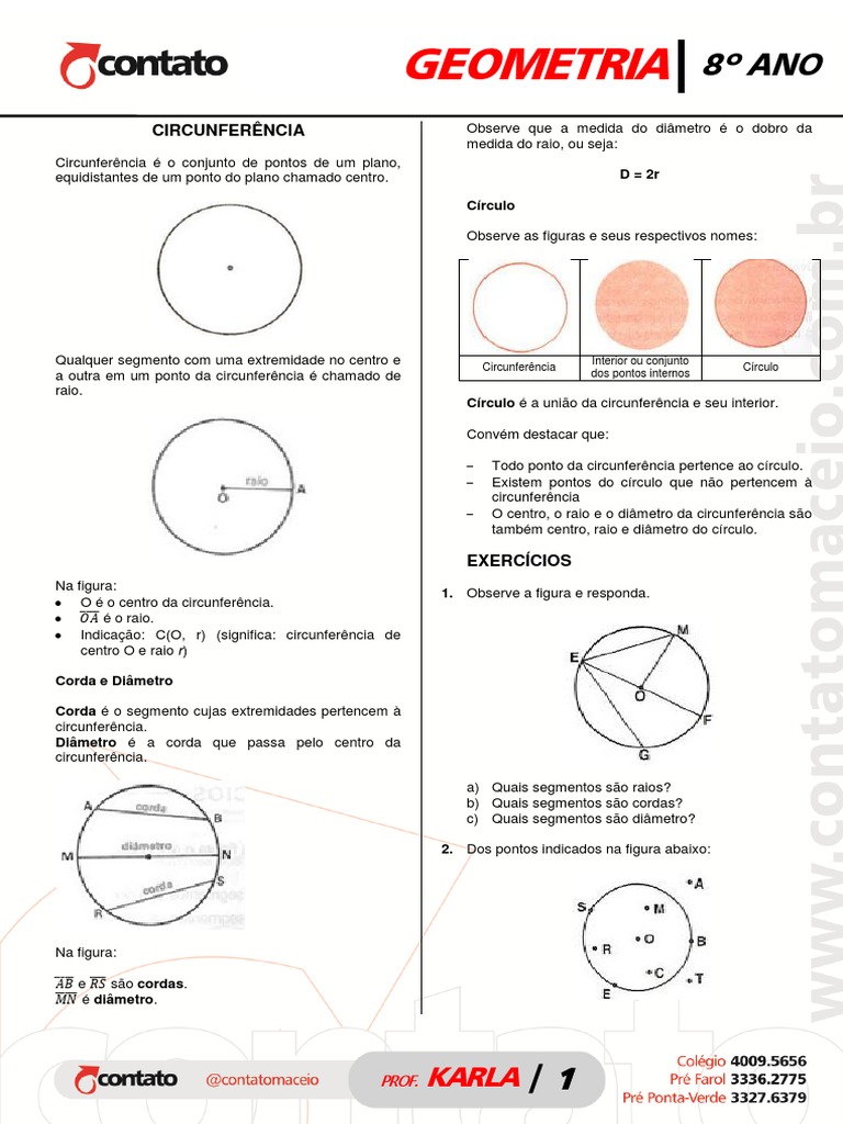 Exercícios de Circunferência 8º Ano | PDF | Círculo | Conceitos matemáticos