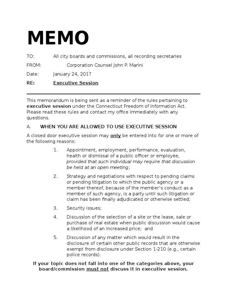 Executive Session Rules Reminder Memo | PDF | Freedom Of Information ...