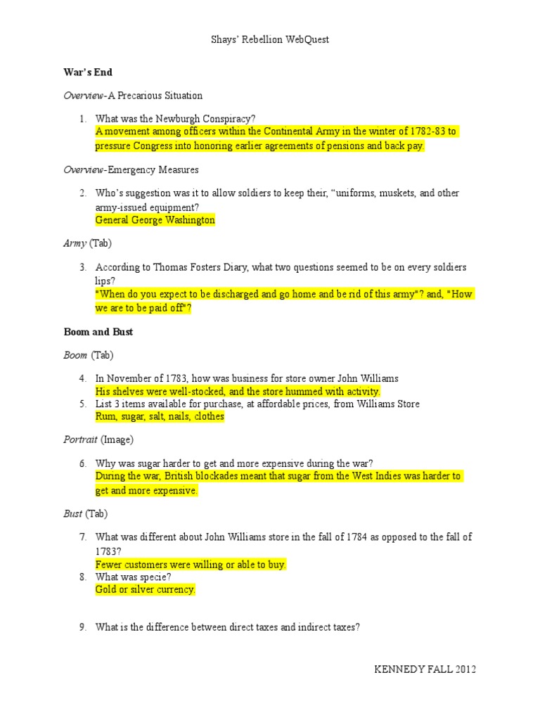 Shays Rebellion Webquest Key Government Politics