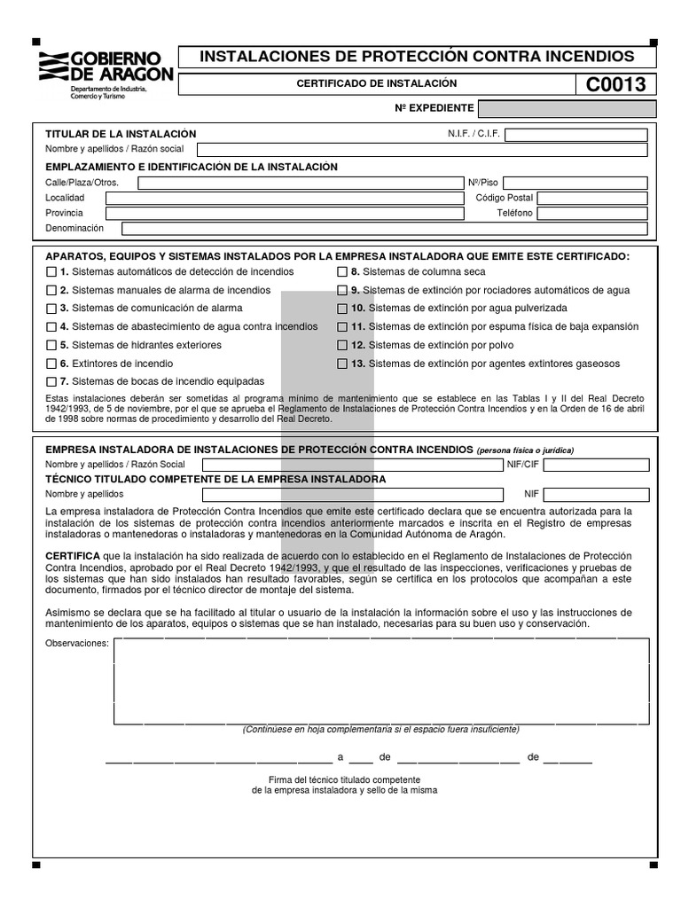 Certificado Proteccion Incendios Empresa Instaladora c0013