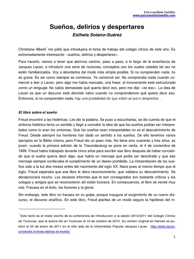 Sueños Delirios y Despertares Esthela Solano Suarez PDF | PDF | Jacques  Lacan | Mente inconsciente
