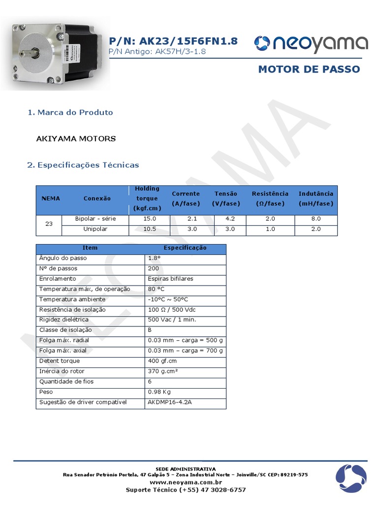 Especificações técnicas e instruções de uso do motor de passo AK23