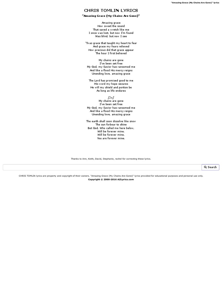 Chris Tomlin Lyrics Amazing Grace (My Chains Are Gone) Amazing