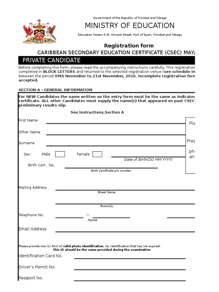 CSEC Registration Form for Private Candidates | PDF | Identity Document ...