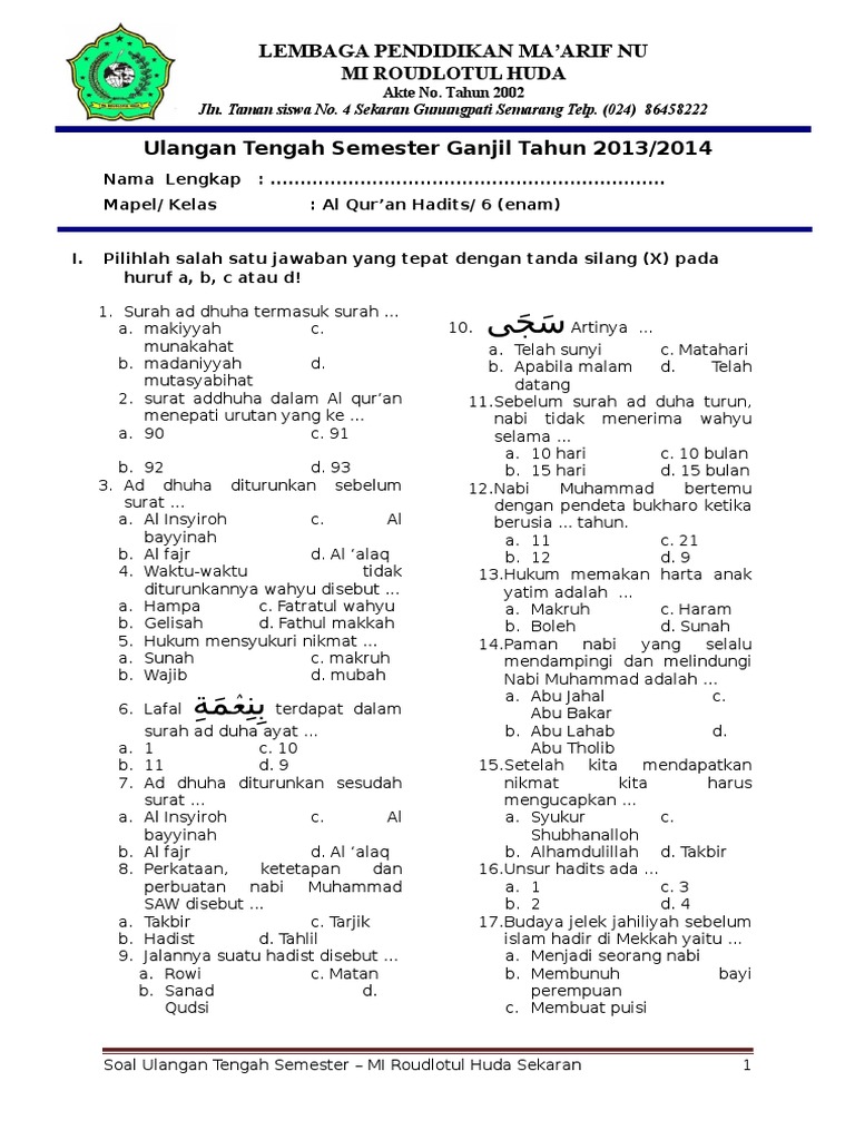 Soal Ukk Al Quran Hadis Semester 2 Kls 1 Mi