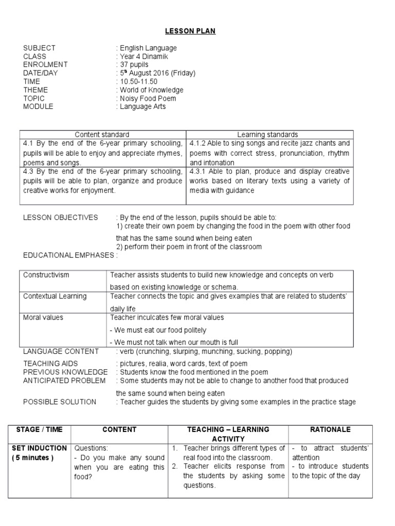 Lesson Plan Year 4 Unit 8 Language Arts | PDF | Lesson Plan | Poetry