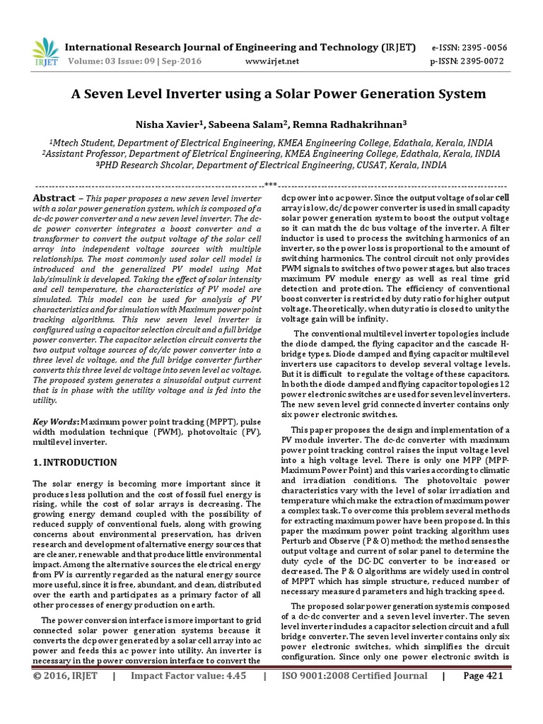 A Seven Level Inverter Using A Solar Power Generation System | PDF ...
