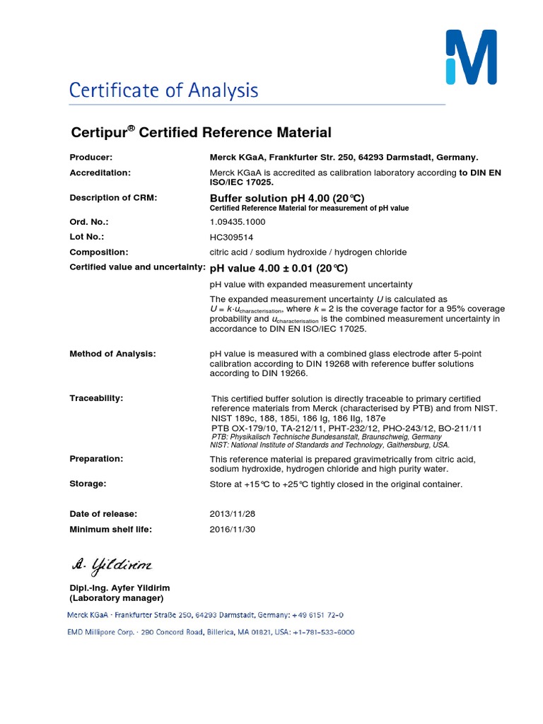Coa ph 4 merck ph buffer solution