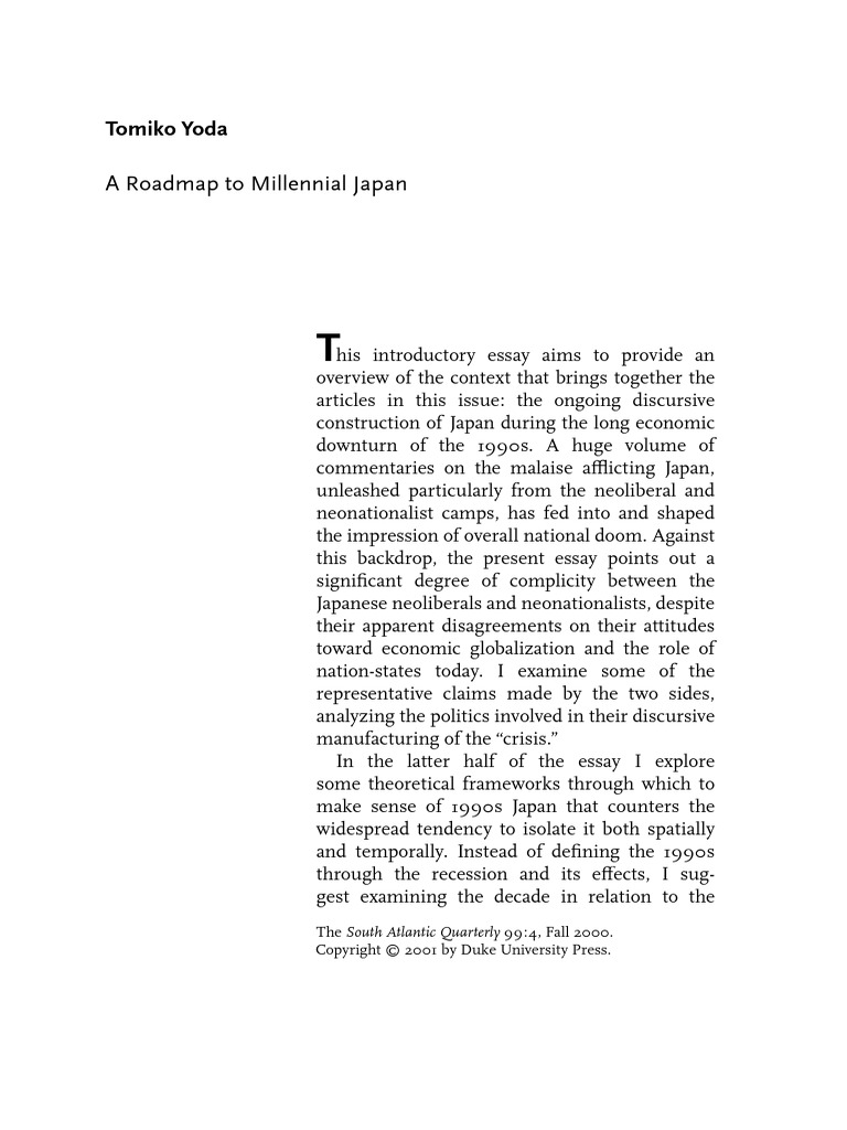 Tomiko Yoda A Roadmap To Millennial Japan: The South Atlantic Quarterly :, Fall | PDF ...