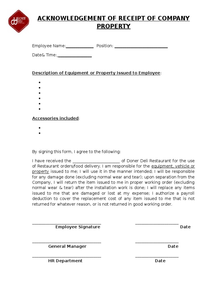 Company Property Acknowledgement Form | PDF | Career & Growth | Business