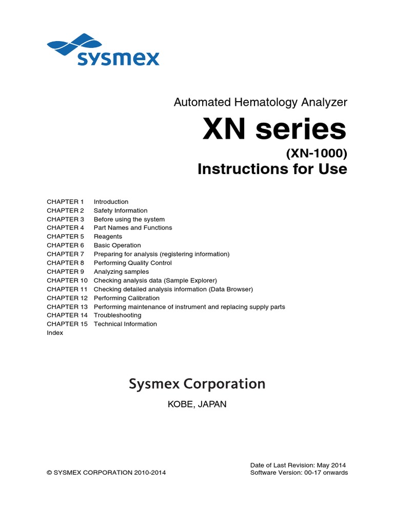 Sysmex XN Series XN1000 Instruction for Use May 2014English