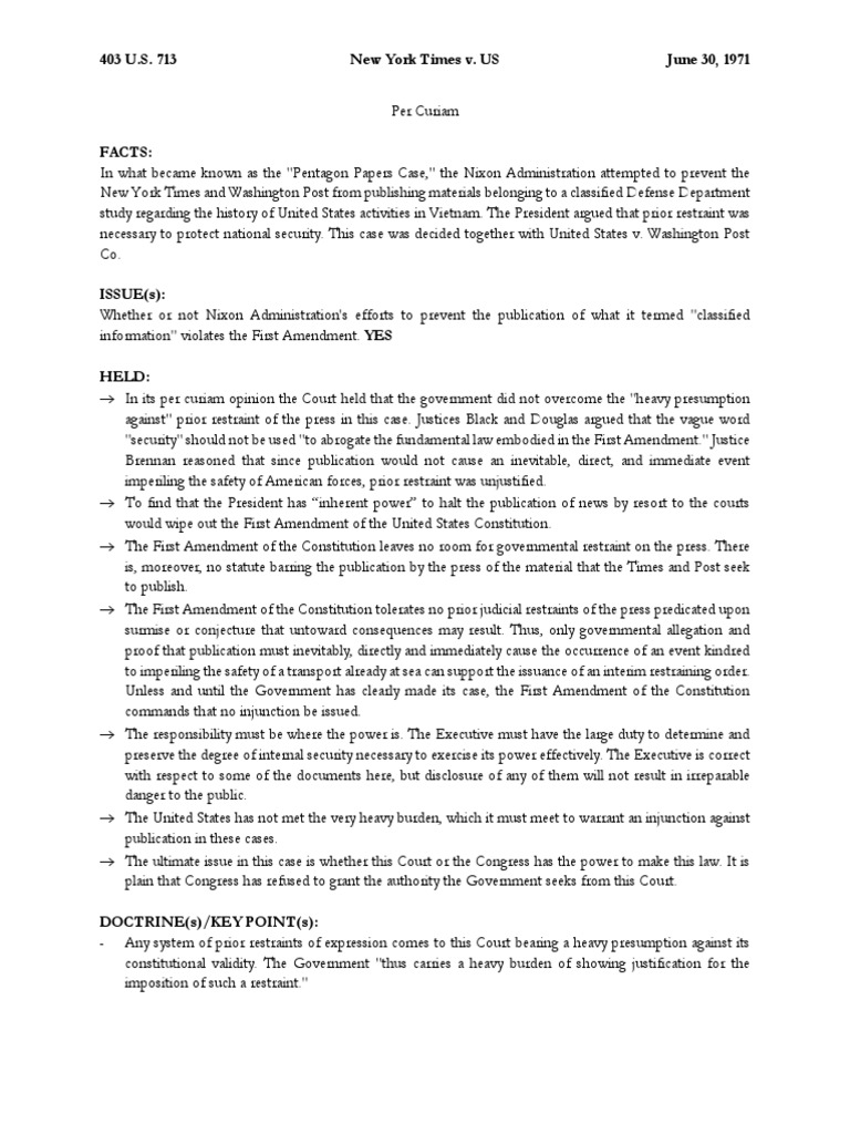 New York Times v. US PDF Prior Restraint First Amendment To The