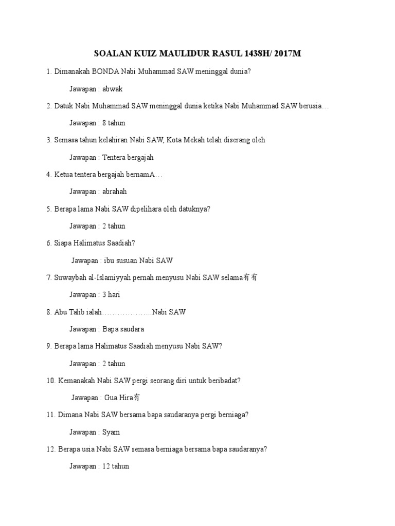 Soalan Kuiz Maulidur Rasul 1438h Pdf