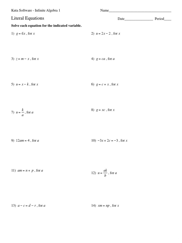 Literal Equations  PDF  Equations  Algebra Pertaining To Literal Equations Worksheet Answers