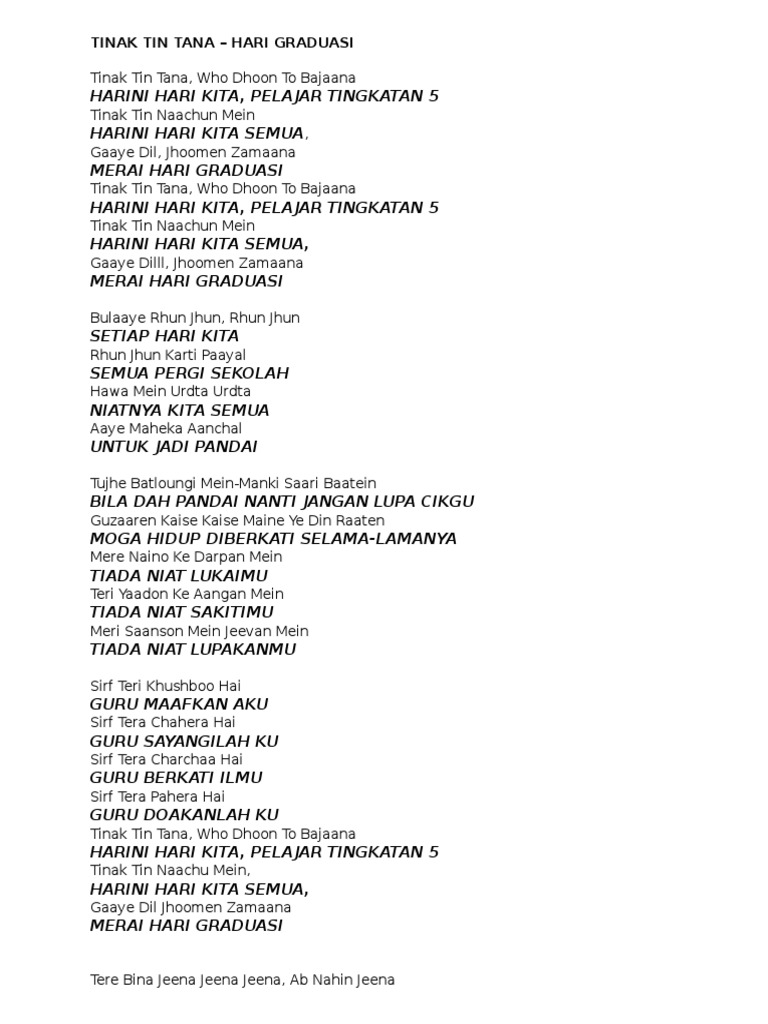 Lirik Lagu Tinak Tin Tana