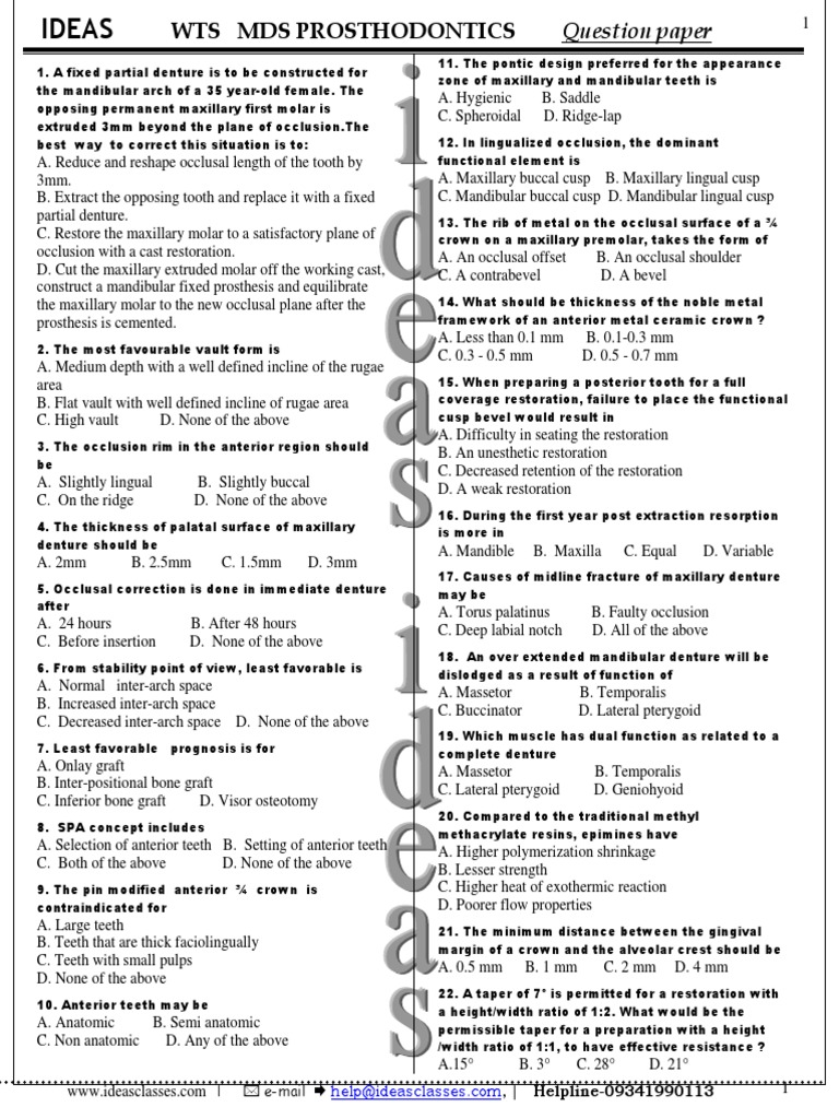 MDS Prosthodontics Question Paper | PDF | Dentures | Dental Anatomy