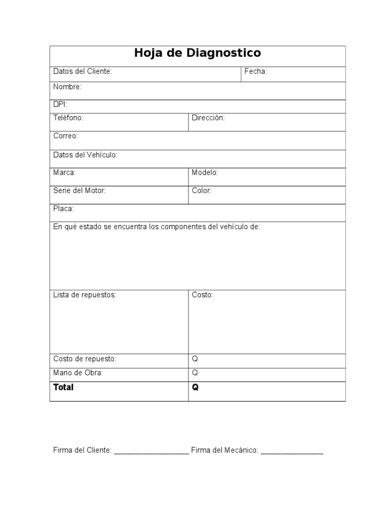 Hoja de Diagnostico | PDF | Vehículo de motor | Vehículos