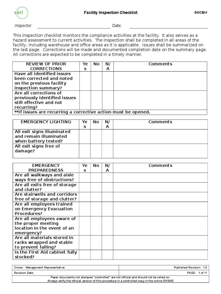 Facility Inspection Checklist PDF Personal Protective Equipment