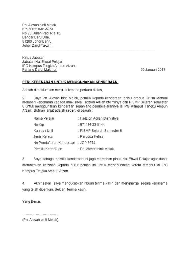 Surat Kuasa Menggunakan Kenderaan