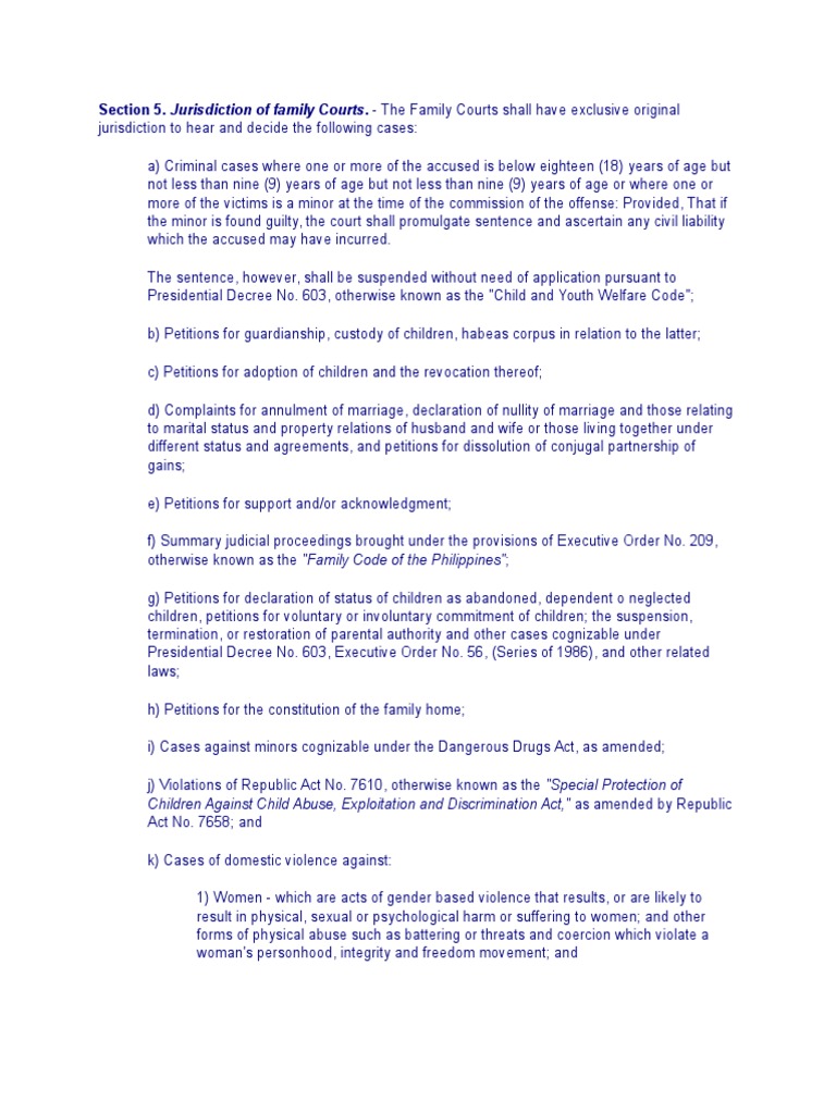 Section 5. Jurisdiction of Family Courts. The Family Courts Shall