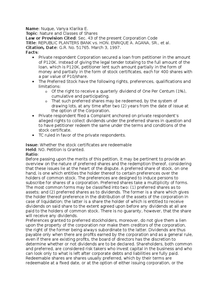 Republic Planters v. Agana PDF Preferred Stock Dividend