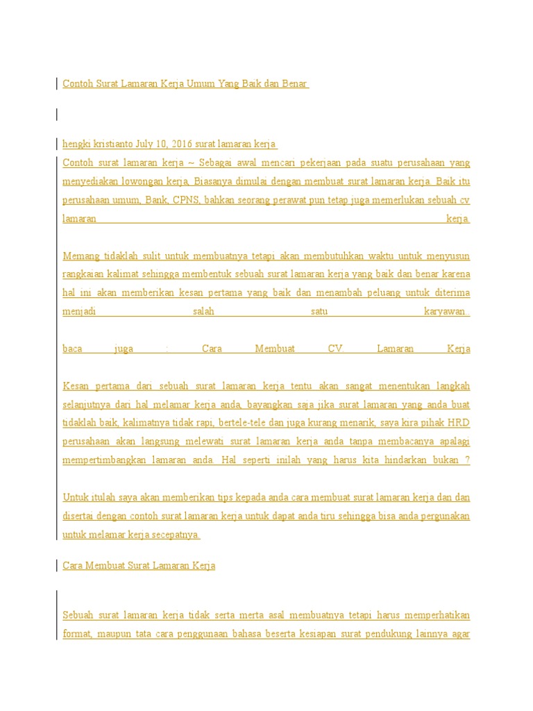 Contoh Surat Lamaran Kerja Umum Yang Baik Dan Benar