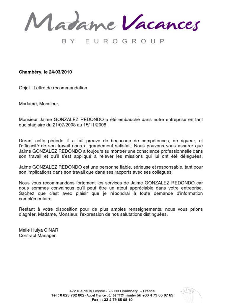 Lettre De Recommandation | Pdf