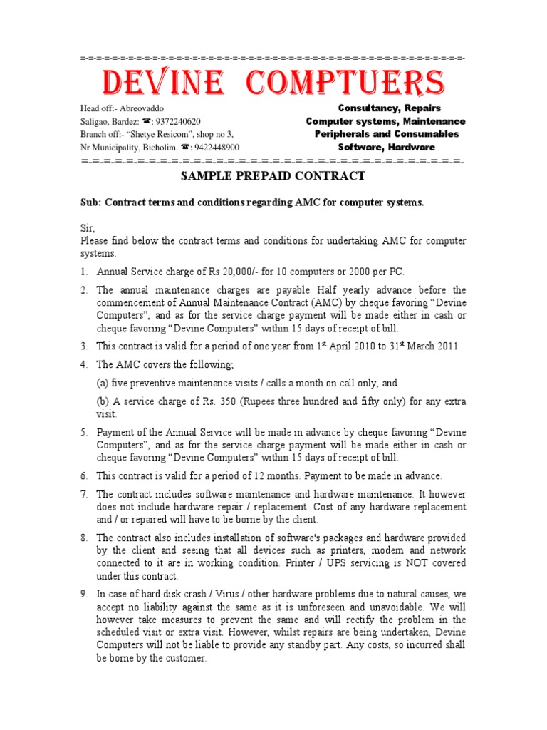 Sample Prepaid AMC Contract | PDF | Computer Hardware | Computing