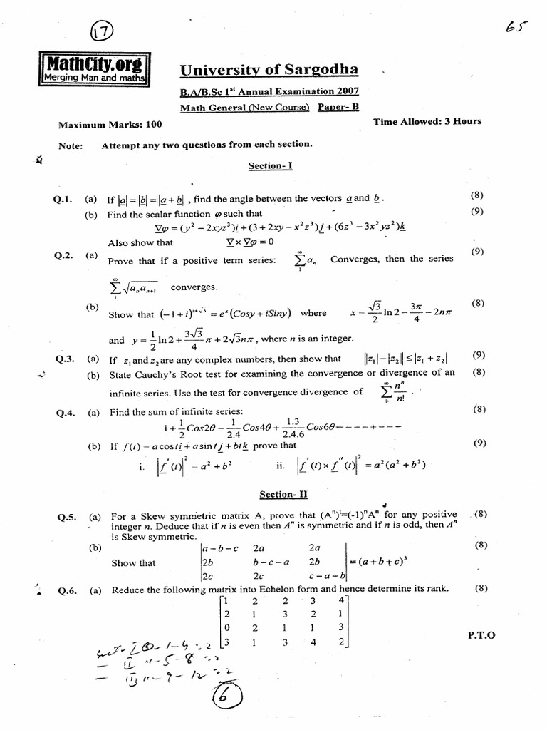 Uos Bsc Gen Maths B All Pdf Series Mathematics Matrix Mathematics